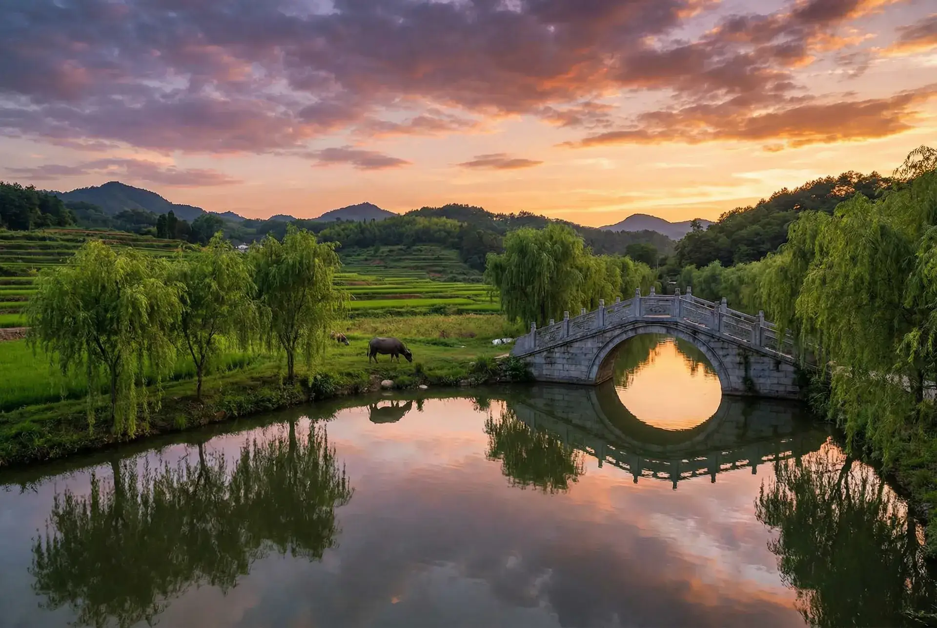 夕阳下的石拱桥与垂柳，水牛在河边吃草 - 妈囧在线观看播放 乡村美景